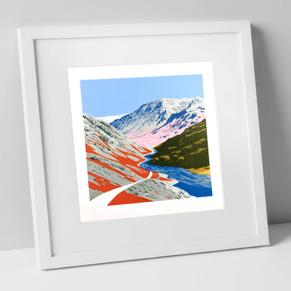 Bold Kirkstone Pass Mountain Road lake district valley art print in white frame