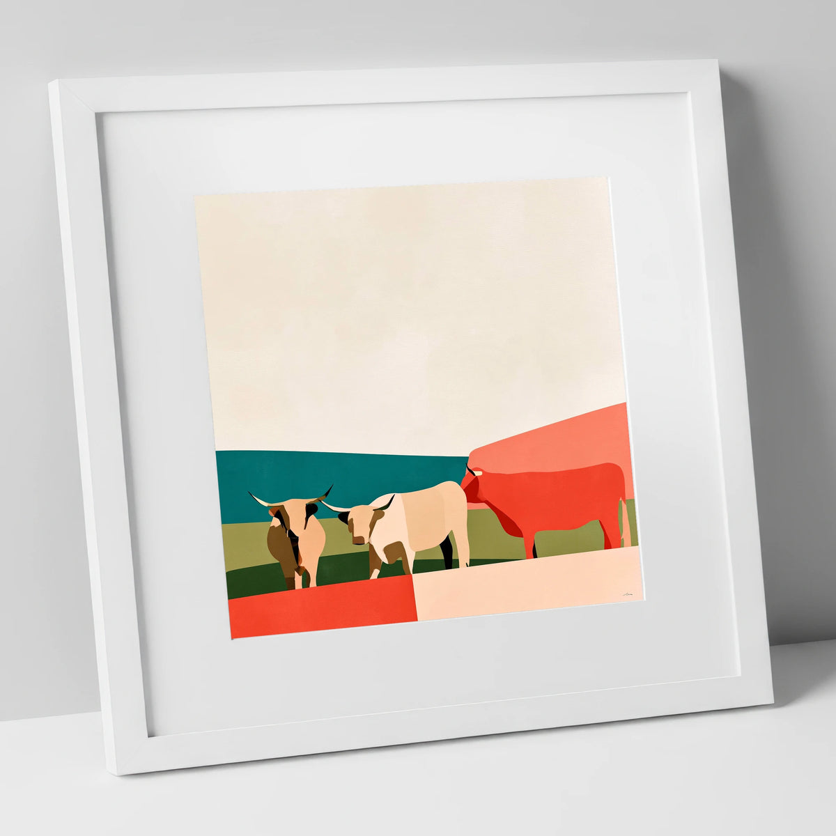 Abstract Highland Cattle and Fells lake district wildlife art print in white frame