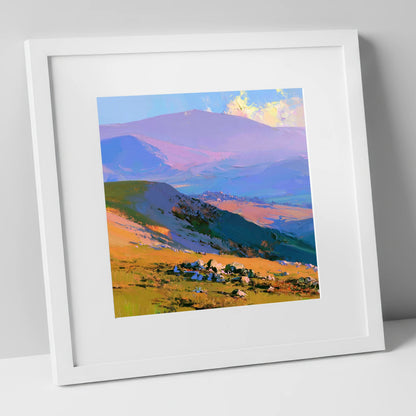 Sunlit Summit and Purple Fells lake district fell art print in white frame