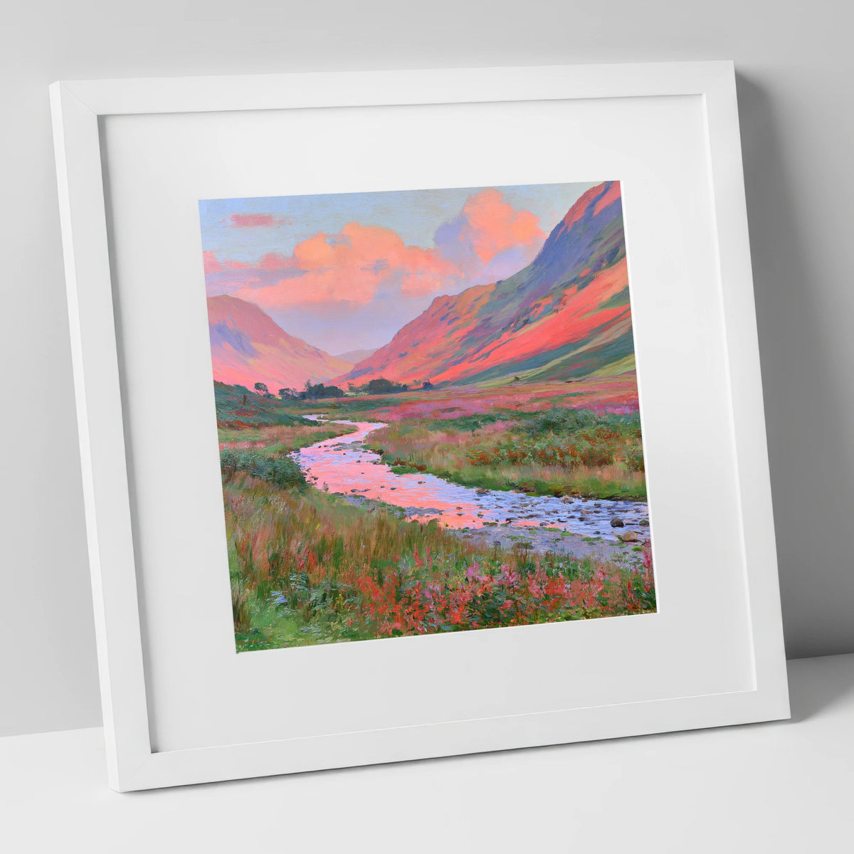 Winding Valley River at Sunset lake district waterfall art print in white frame