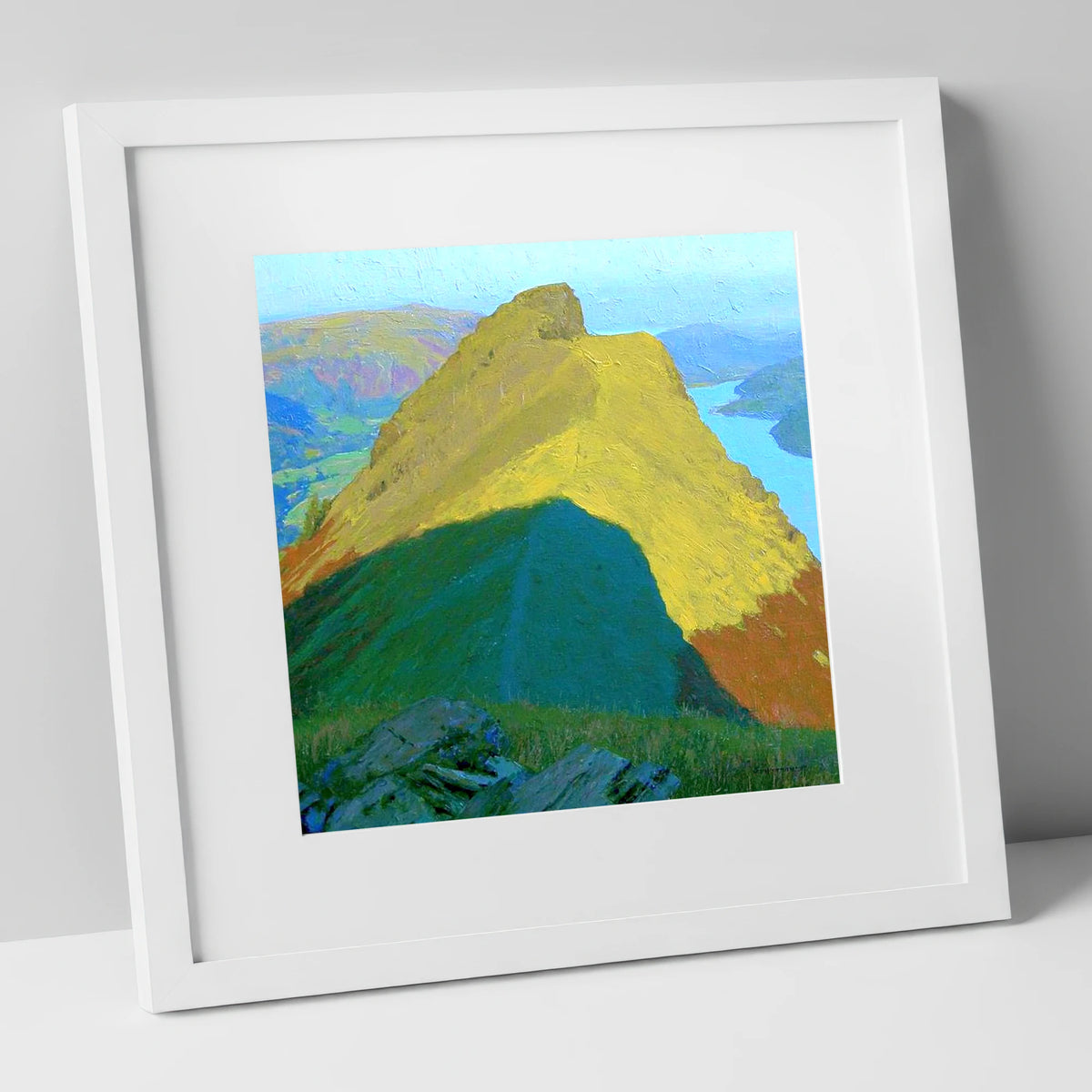 Sunlit Helm Crag Summit Ridge lake district fell art print in white frame