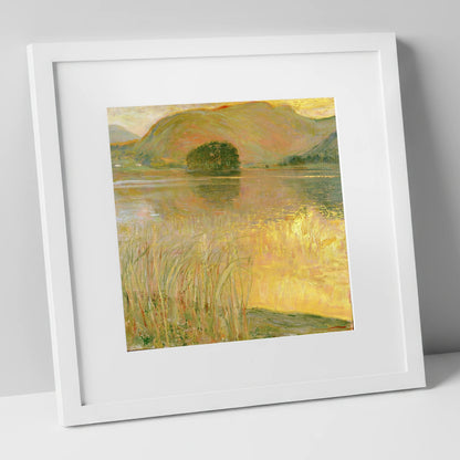 Golden Waters of Grasmere Island lake district lake art print in white frame