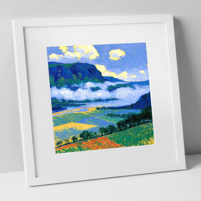 Blue Fells And Valley Mist lake district sky art print in white frame