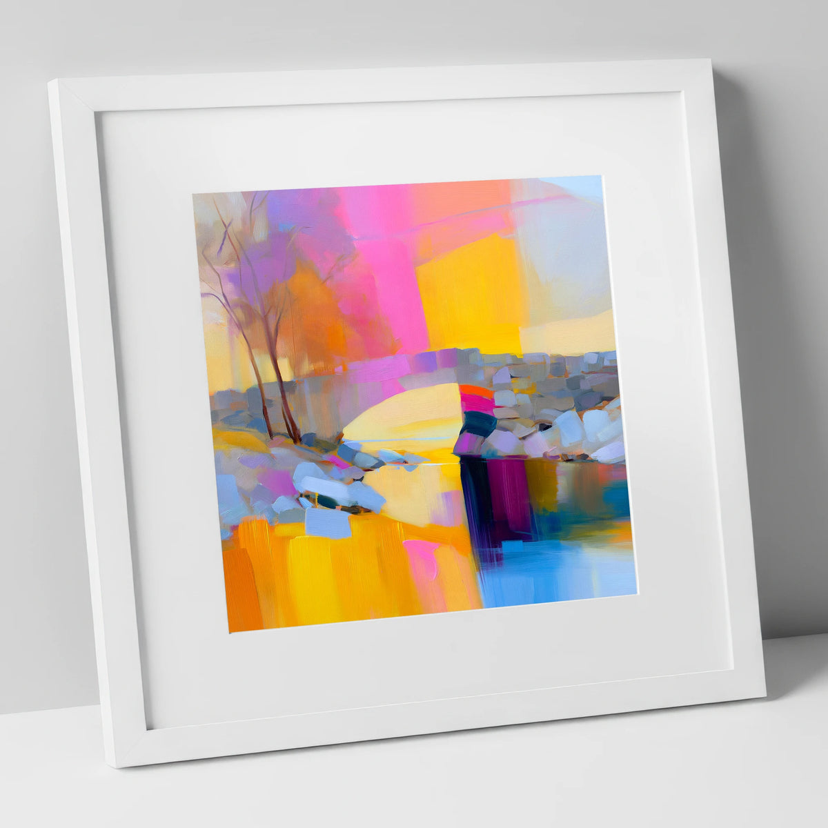 Stone Bridge Under Fuchsia Sky lake district waterfall art print in white frame