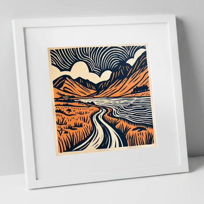Ennerdale in Navy and Terracotta lake district valley art print in white frame