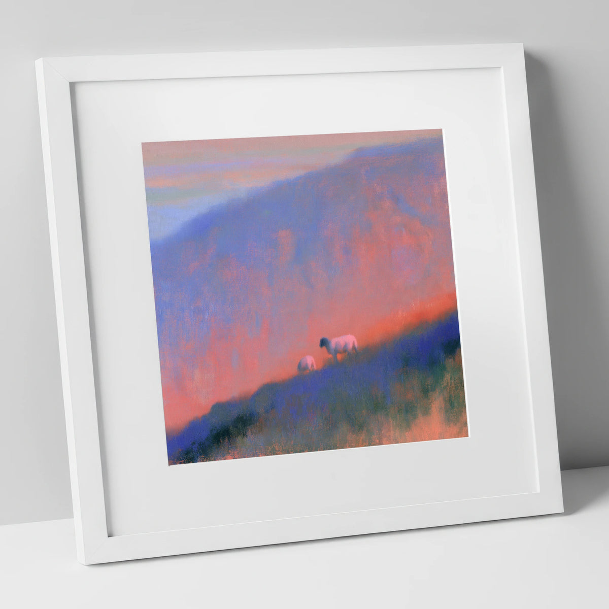 Herdwick Sheep on Twilight Fellside lake district wildlife art print in white frame