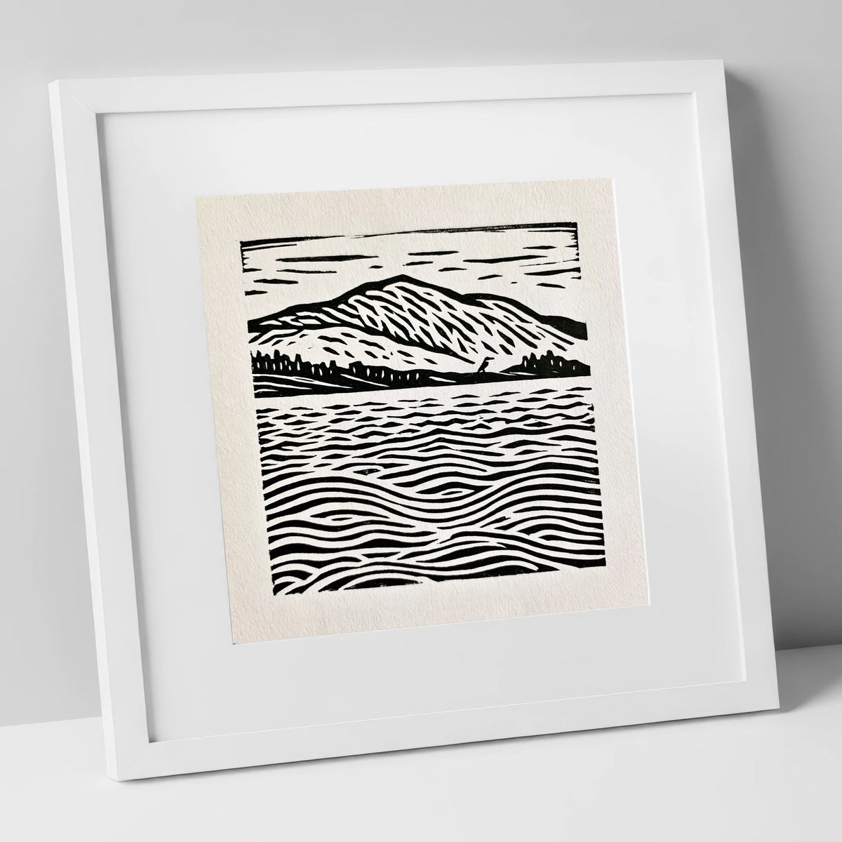 Coniston Water Monochrome Waves lake district lake art print in white frame