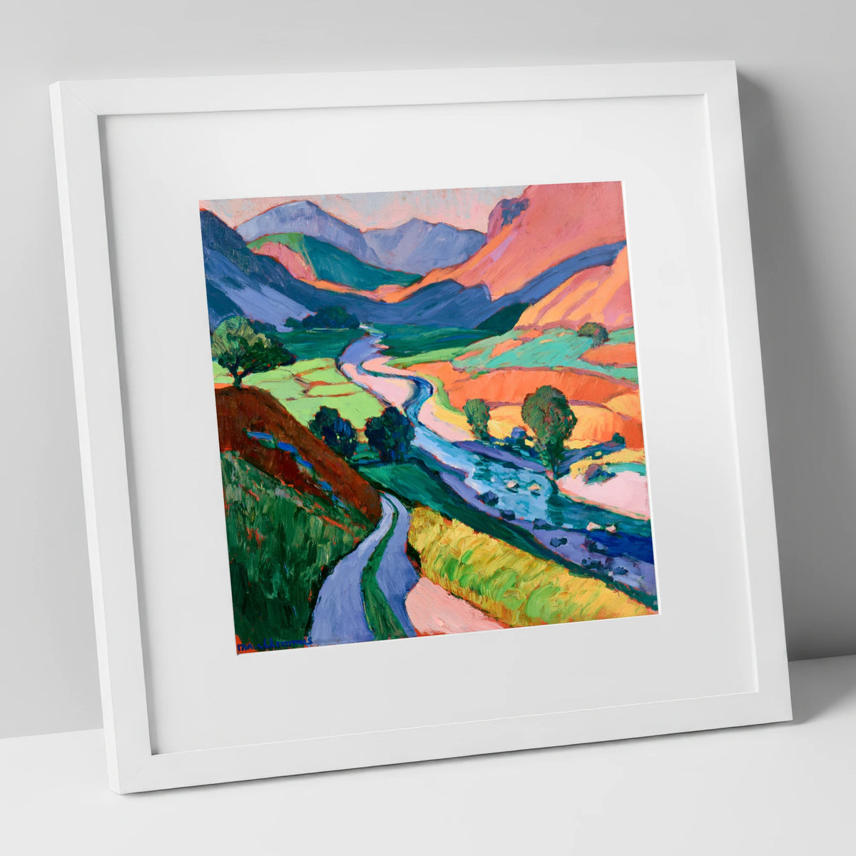 Meandering River Among Bold Fells lake district waterfall art print in white frame