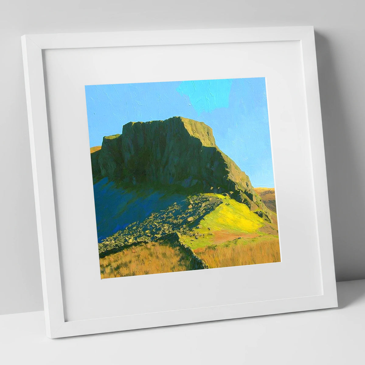 Green Crag in Vivid Sunlight lake district fell art print in white frame