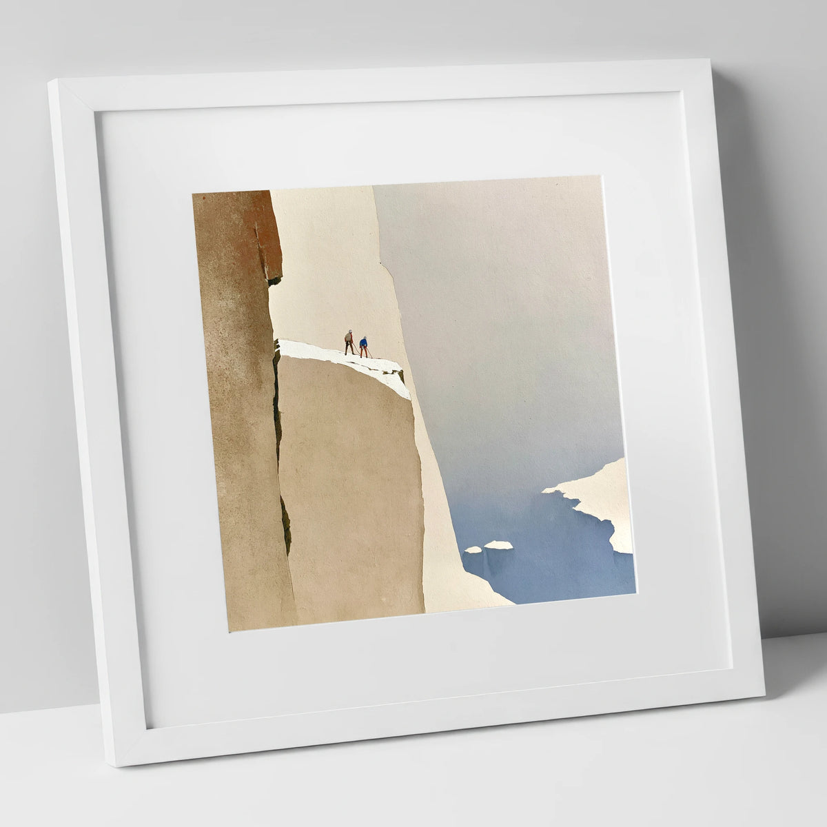 Climbers on a Snowy Precipice lake district walking art print in white frame