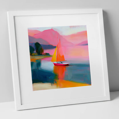 Vibrant Sailboat Beneath Pink Fells lake district walking art print in white frame