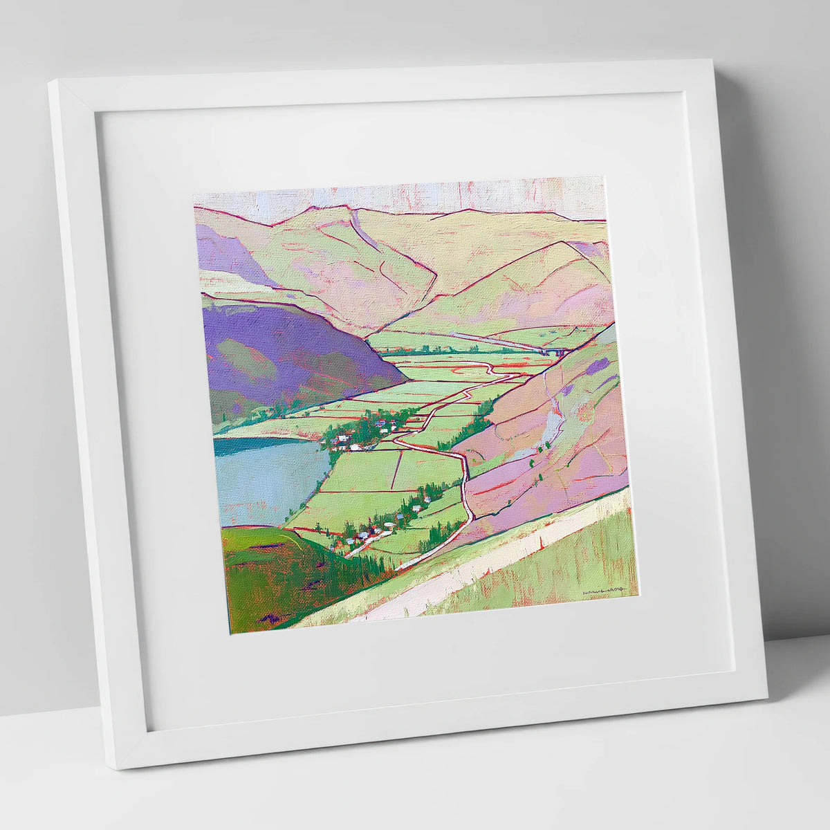 Vibrant Patterdale From Place Fell lake district village art print in white frame