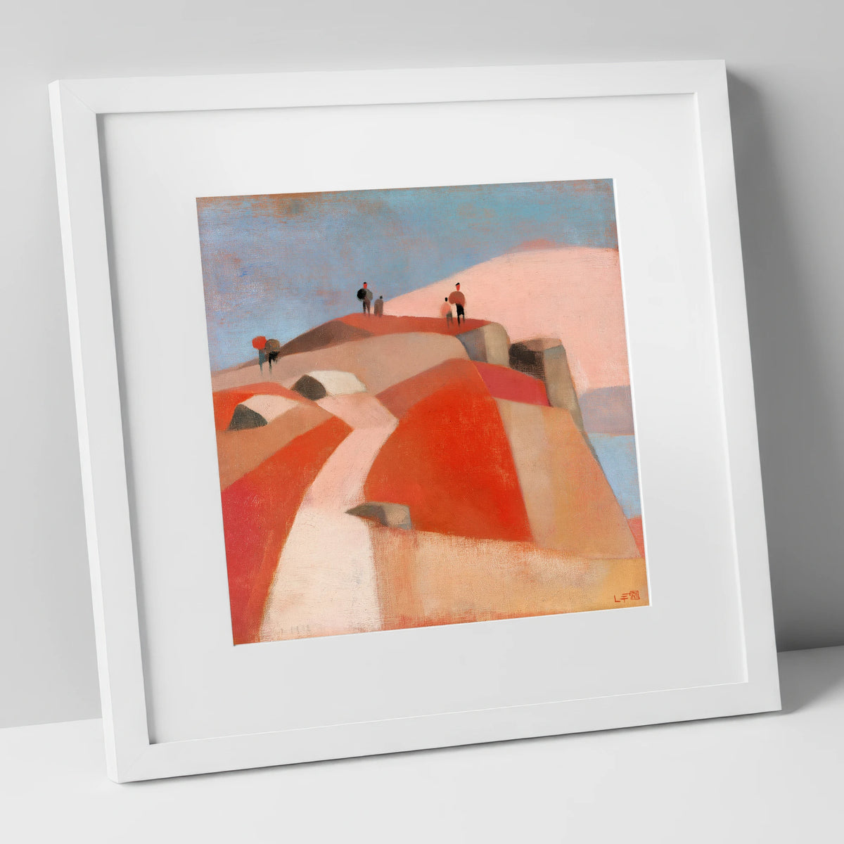 Fell Walkers on a Terracotta Summit lake district fell art print in white frame