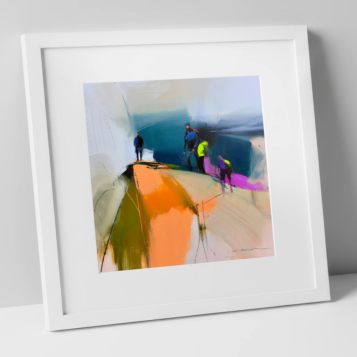 Vibrant Hikers on a Fell Top lake district fell art print in white frame