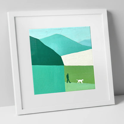 Braithwaite Dog Walker in Teal gifts for dog walkers art print in white frame
