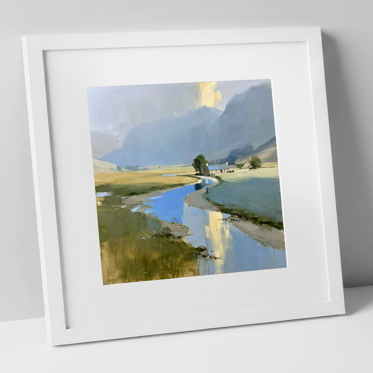 Golden Mist Over the Valley River lake district sky art print in white frame