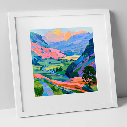 Vibrant Fells and Green Valley lake district valley art print in white frame