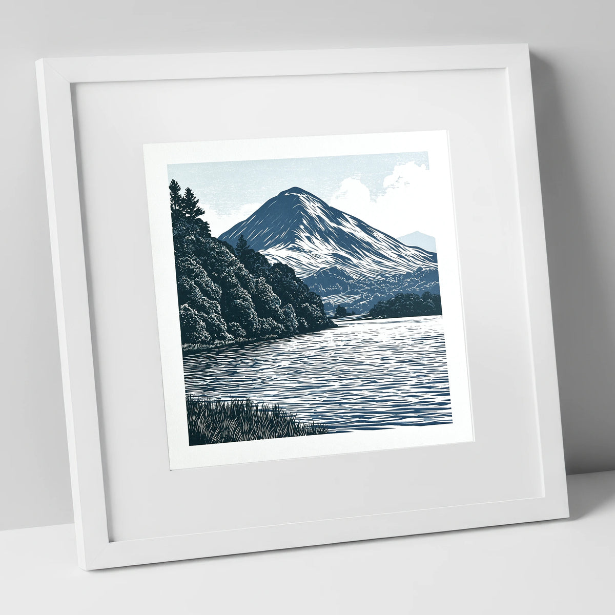 Catbells in Slate and Navy lake district fell art print in white frame