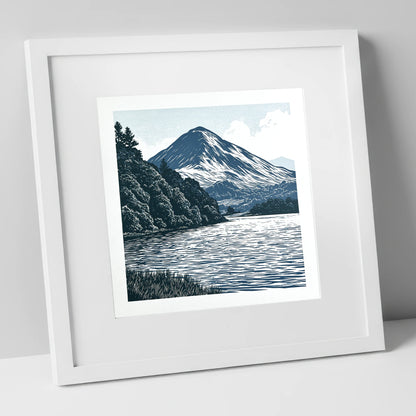 Catbells in Slate and Navy lake district fell art print in white frame
