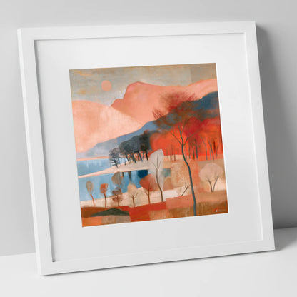 Terracotta Fells and Slate Lake lake district lake art print in white frame