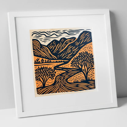 Rhythmic Borrowdale River Valley lake district valley art print in white frame
