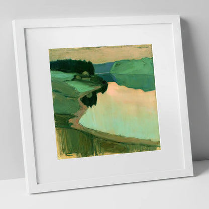 Still Lake at Peach Dawn lake district lake art print in white frame