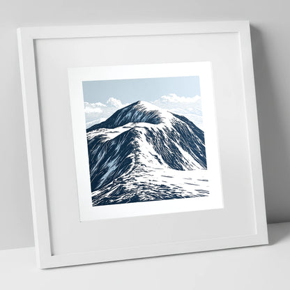 Graphic Snow on Helvellyn Ridge lake district fell art print in white frame