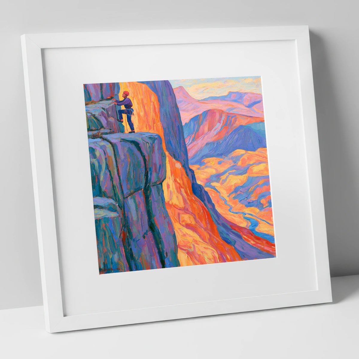 Vibrant Rock Climber on Sunset Crag lake district walking art print in white frame
