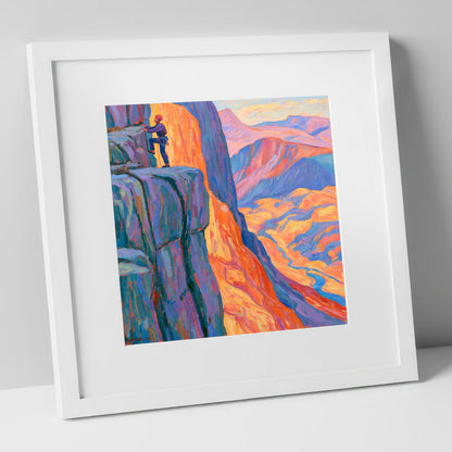 Vibrant Rock Climber on Sunset Crag lake district walking art print in white frame