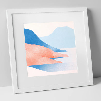 Coniston Water in Coral and Blue lake district lake art print in white frame
