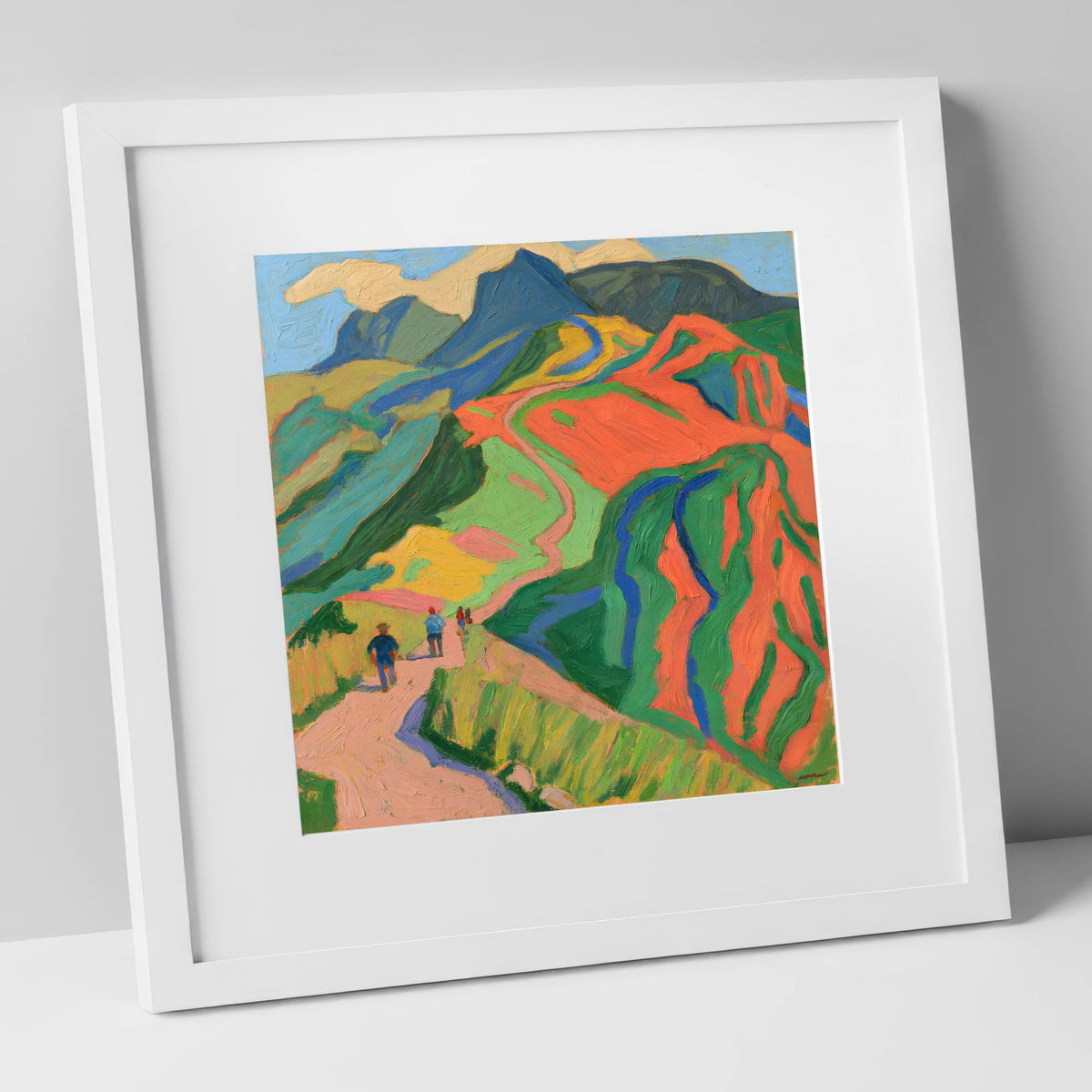 Walkers on a Vivid Fell Path lake district walking art print in white frame
