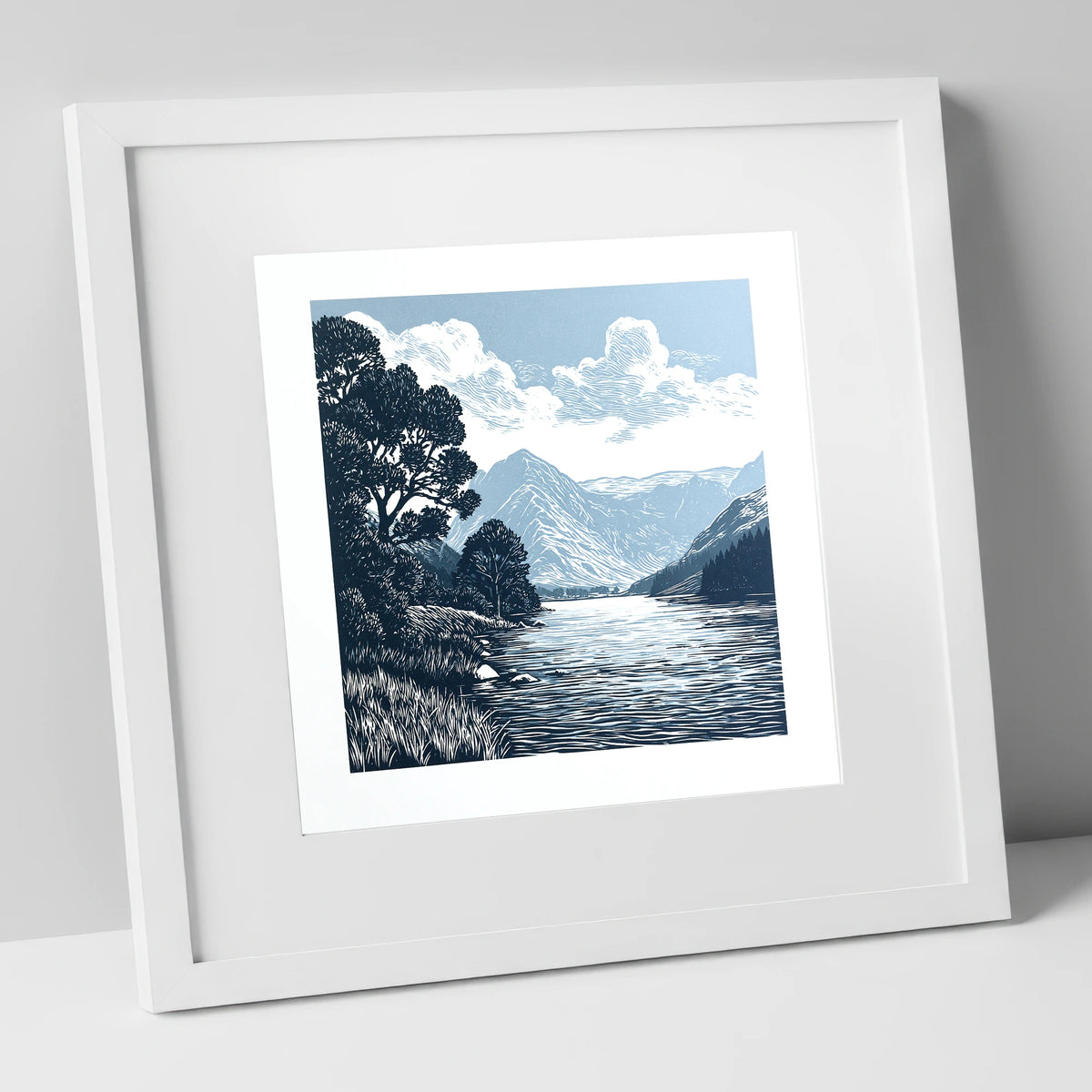 Buttermere in Slate and Navy lake district lake art print in white frame