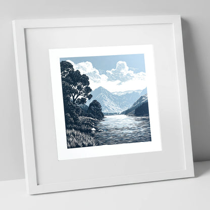 Buttermere in Slate and Navy lake district lake art print in white frame