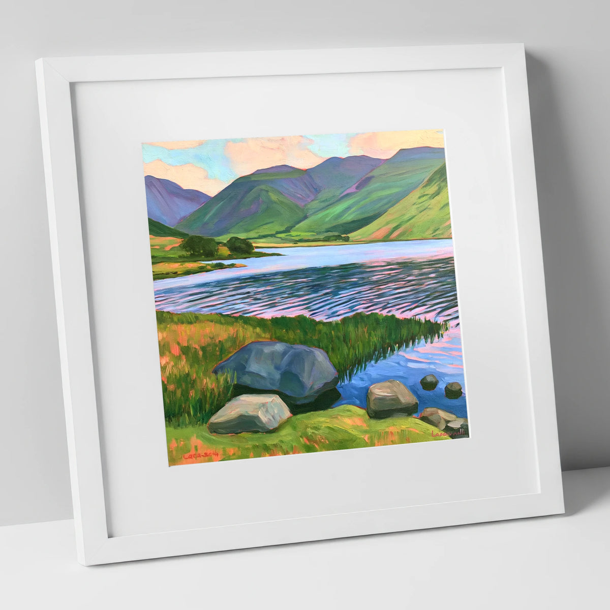 Sunset Ripples on the Lake lake district lake art print in white frame