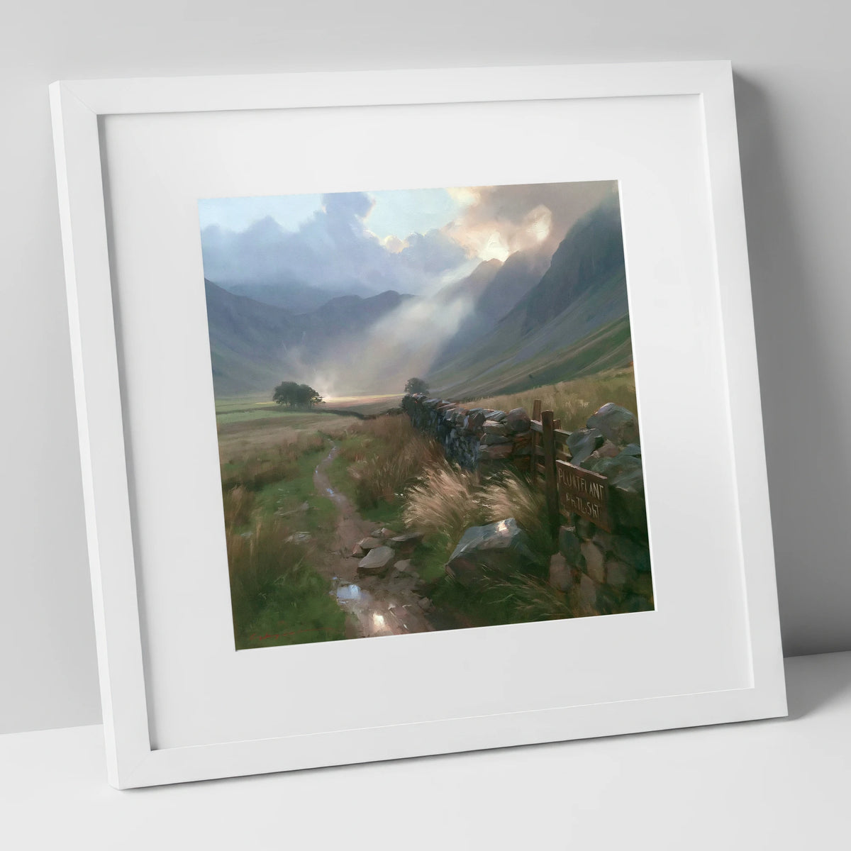 Valley Drystone Wall Under Sunburst lake district valley art print in white frame