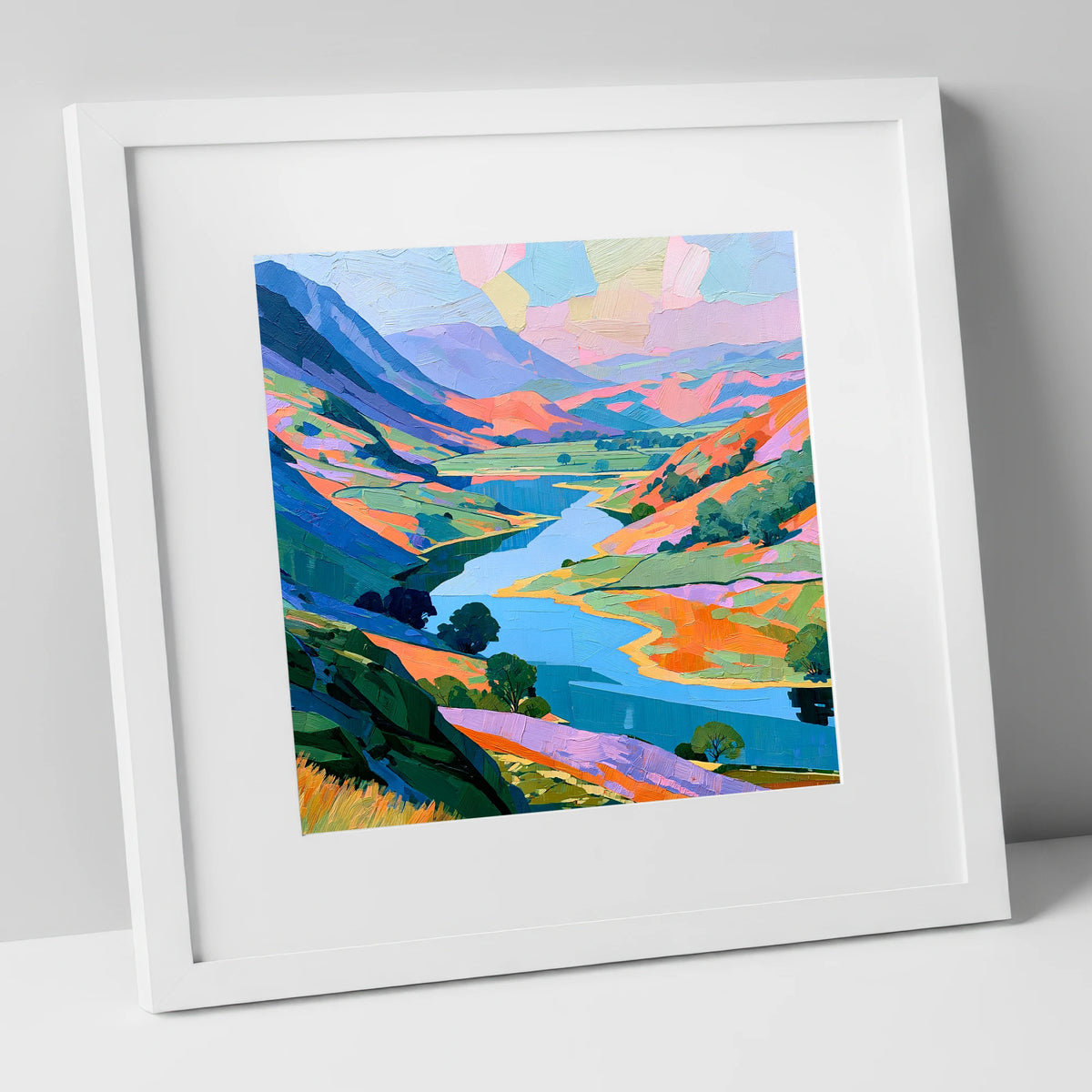 Vibrant Valley Lake and Fells lake district lake art print in white frame