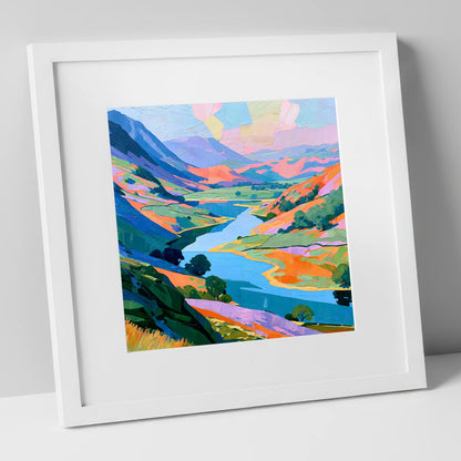 Vibrant Valley Lake and Fells lake district lake art print in white frame