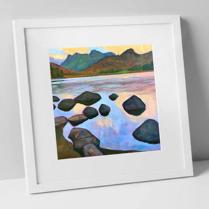 Elterwater Rocks at Sunset lake district lake art print in white frame
