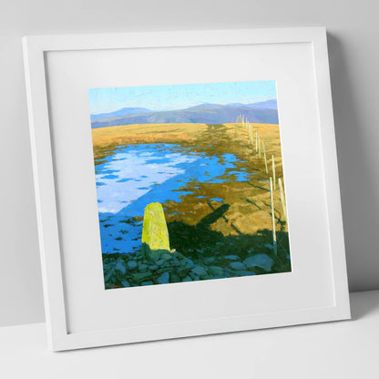 Sunlit Frozen Pool on Ullscarf lake district fell art print in white frame
