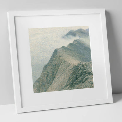 Textured Mountain Ridge in Mist lake district fell art print in white frame