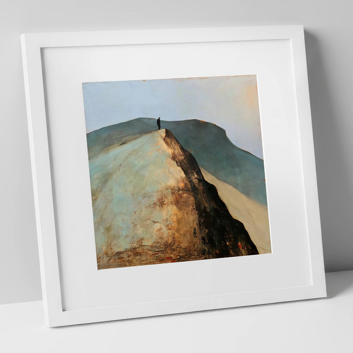 Walker on Golden Striding Edge lake district walking art print in white frame