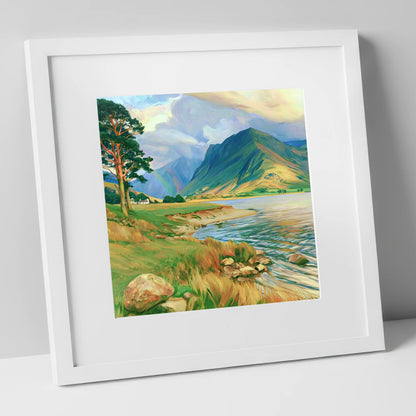 Lakeshore Rainbow After Rain lake district sky art print in white frame