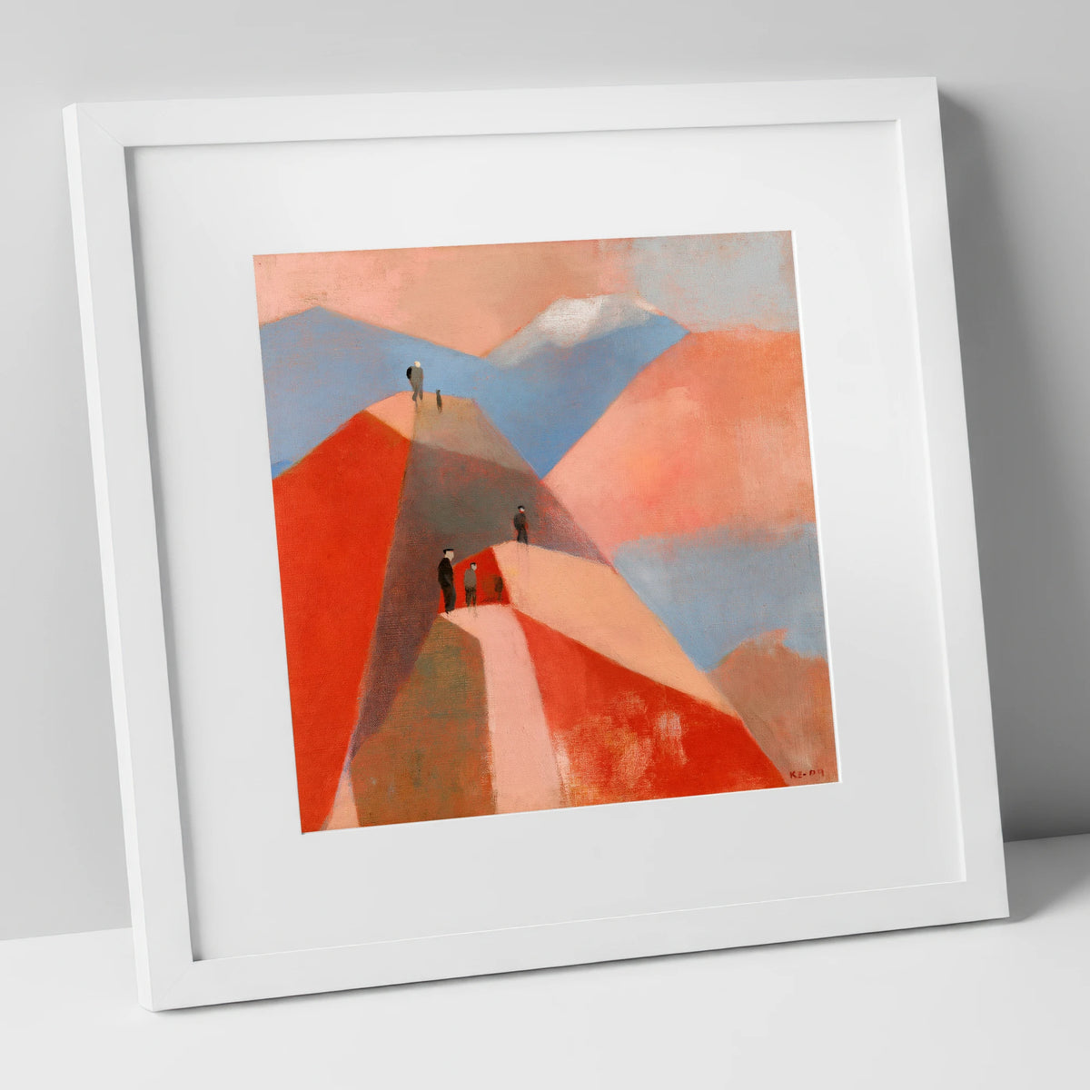 Hikers on Terracotta Fell Top lake district fell art print in white frame
