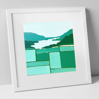 Geometric Greens Above Glenridding lake district village art print in white frame