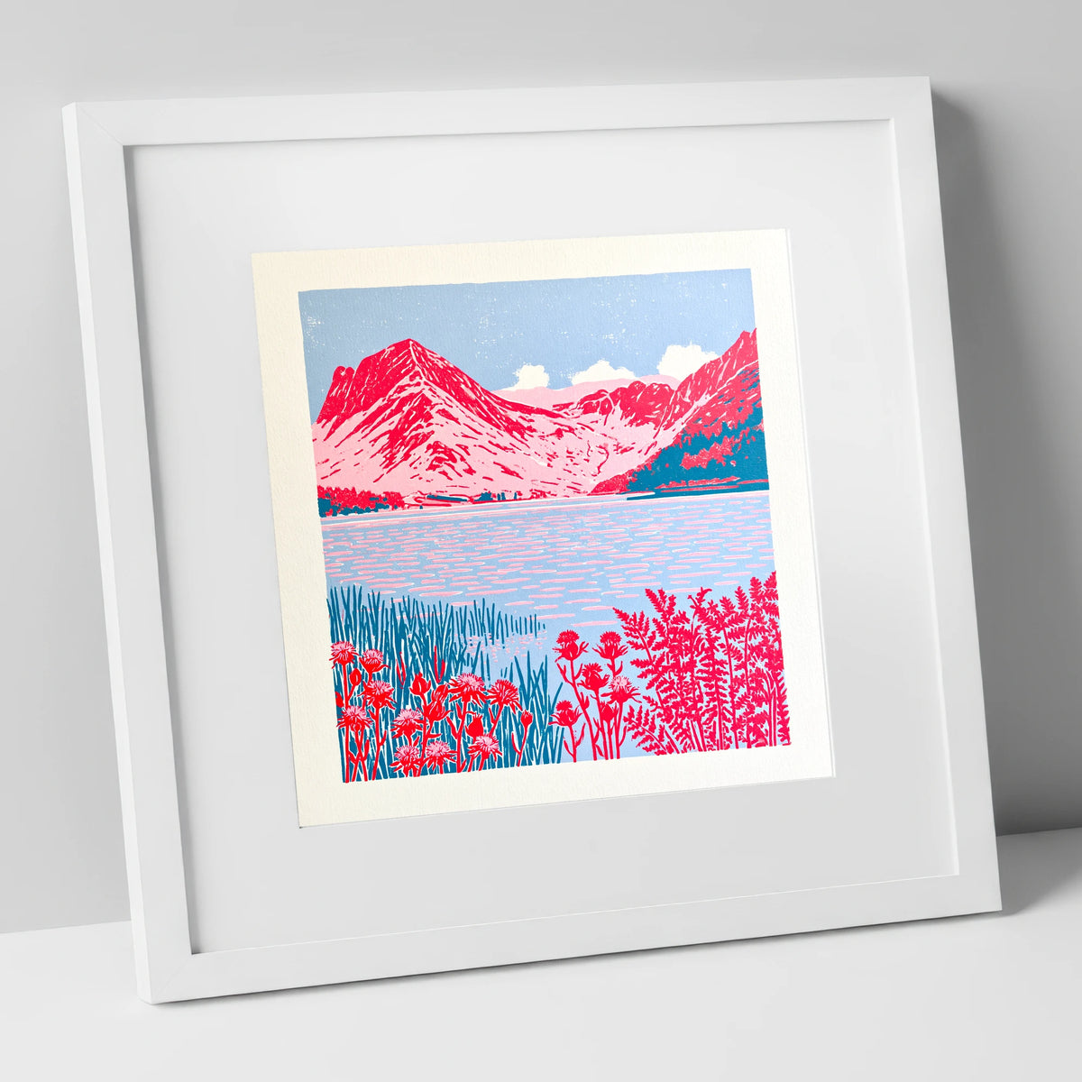Bold Pink Fells of Buttermere lake district lake art print in white frame