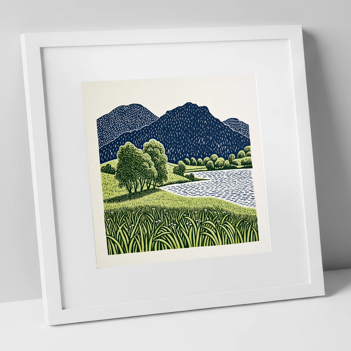 Grasmere Fells in Navy and Green lake district lake art print in white frame