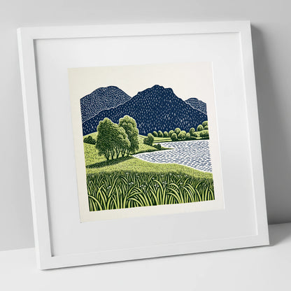 Grasmere Fells in Navy and Green lake district lake art print in white frame