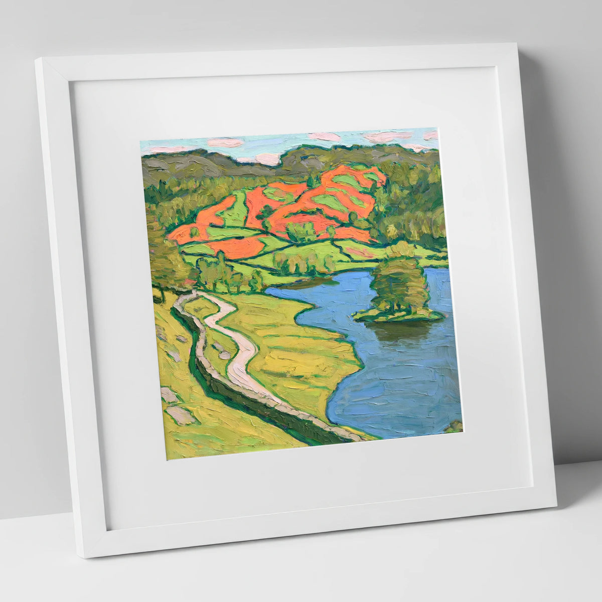 Vibrant Rydal Water Shore Path lake district lake art print in white frame