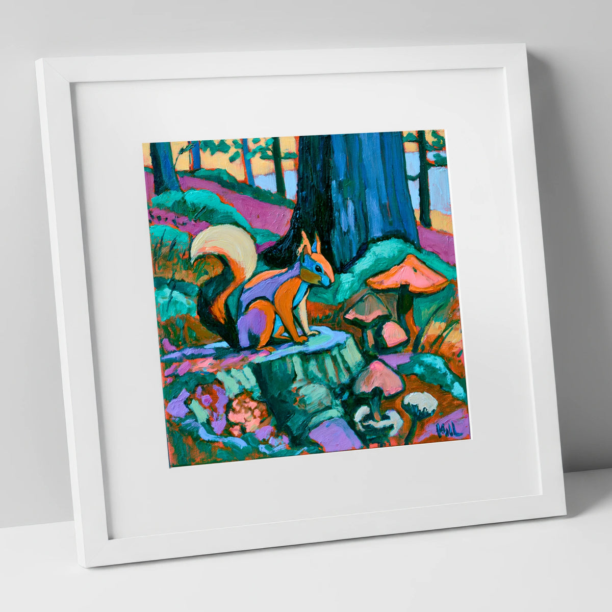 Red Squirrel in Vivid Woodland lake district wildlife art print in white frame