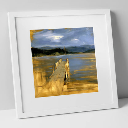 Waterhead Jetty Under Slate Skies lake district village art print in white frame